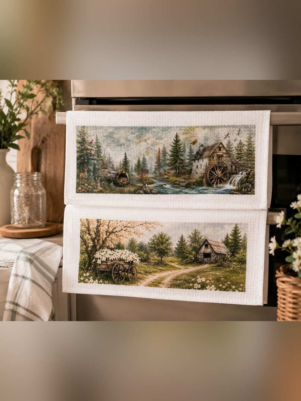 Hand Crafted Countryside Kitchen Towels in Green and Brown
